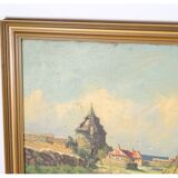 Oil painting on canvas with motif of fishing boats near shore