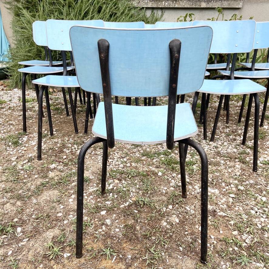 Set of 12 blue formica chairs