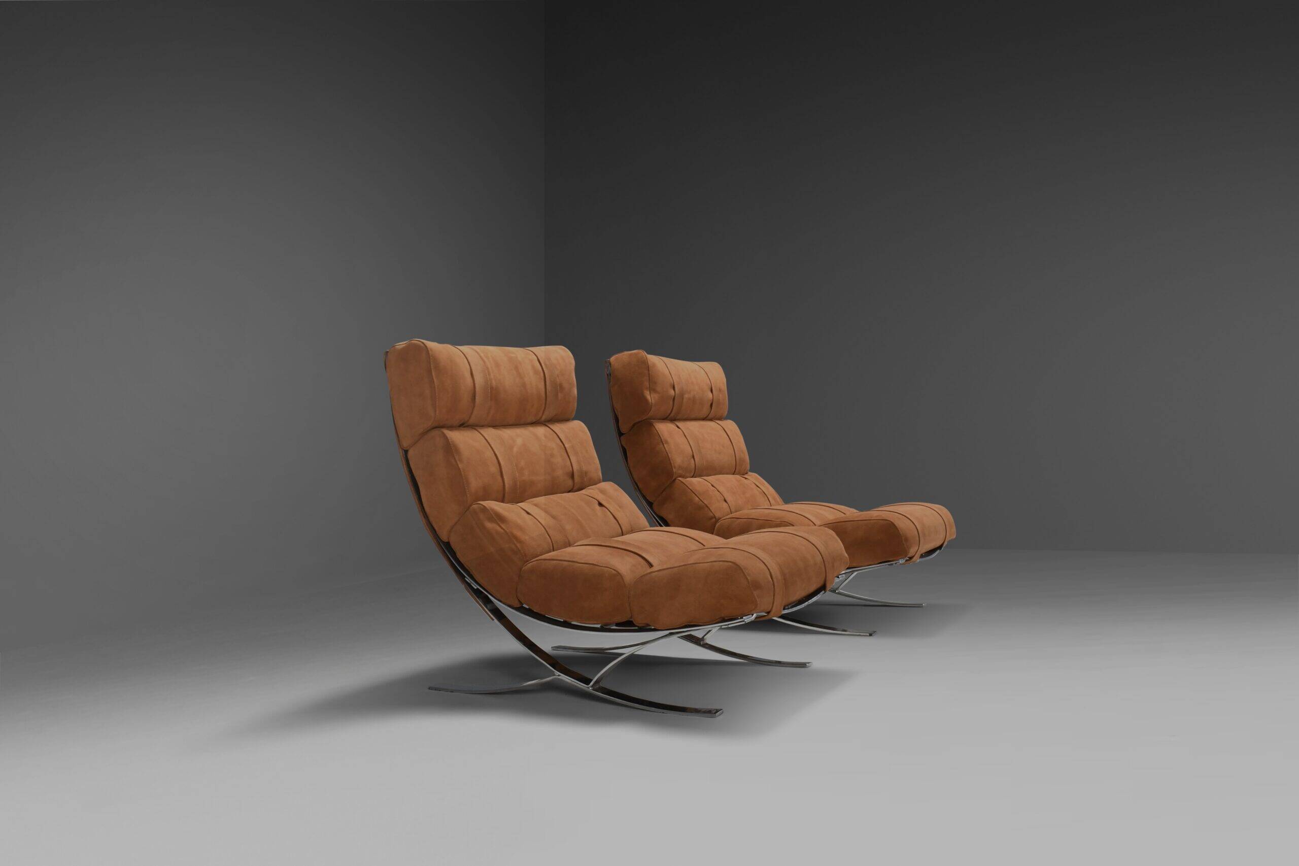 Impressive suede and chrome lounge chairs, France 1970s