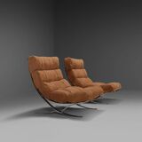 Impressive suede and chrome lounge chairs, France 1970s