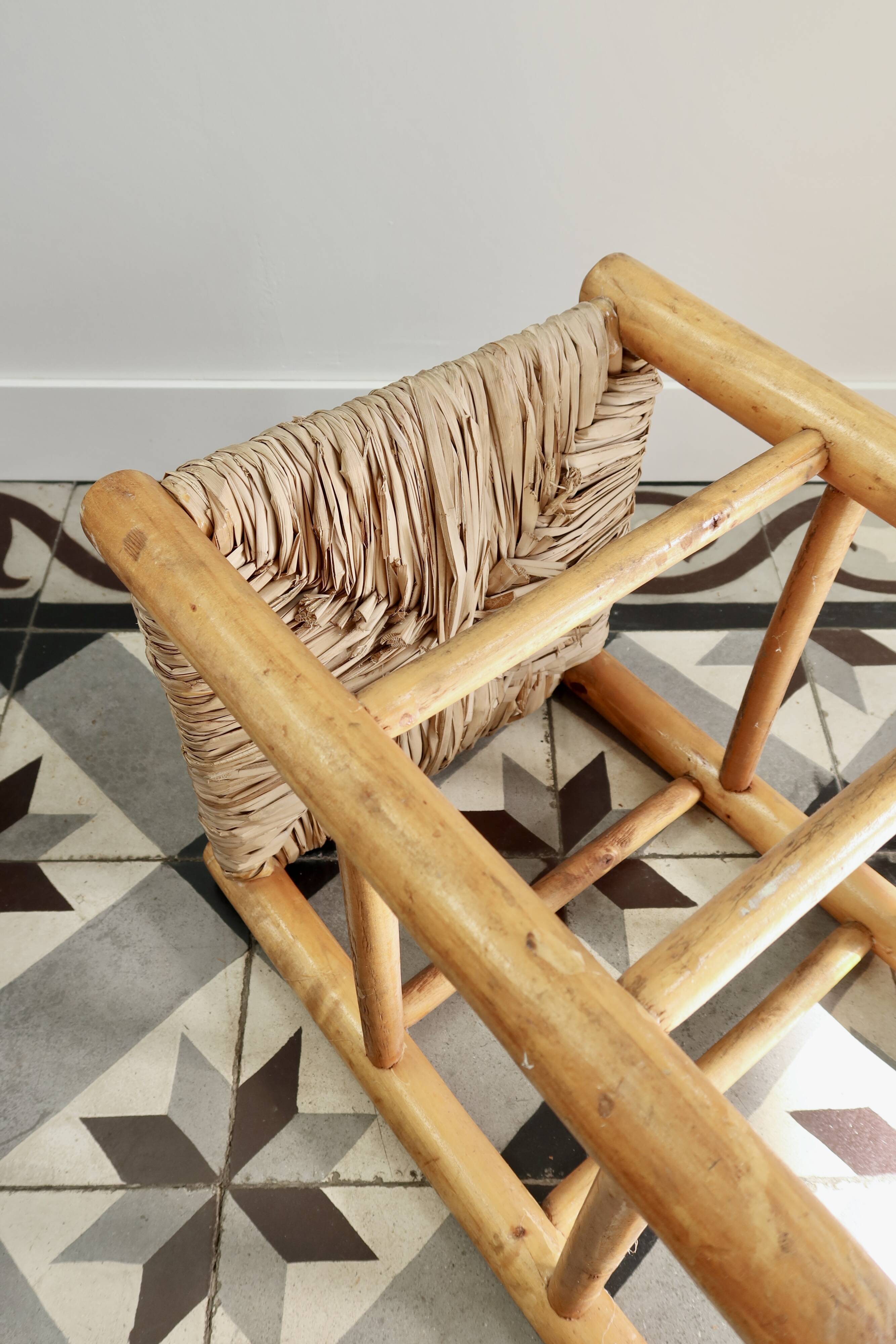 Vintage low stool in wood, honey yellow tones – Woven seat