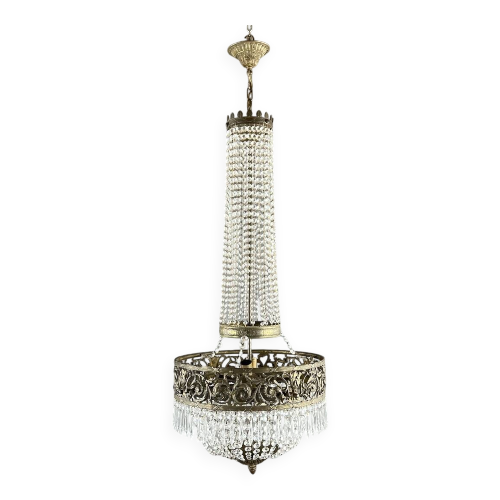 Empire-style chandelier in bronze with crystal pendants, early 20th century.
