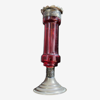 Red glass / chiseled metal candle holder