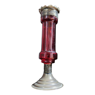 Red glass / chiseled metal candle holder