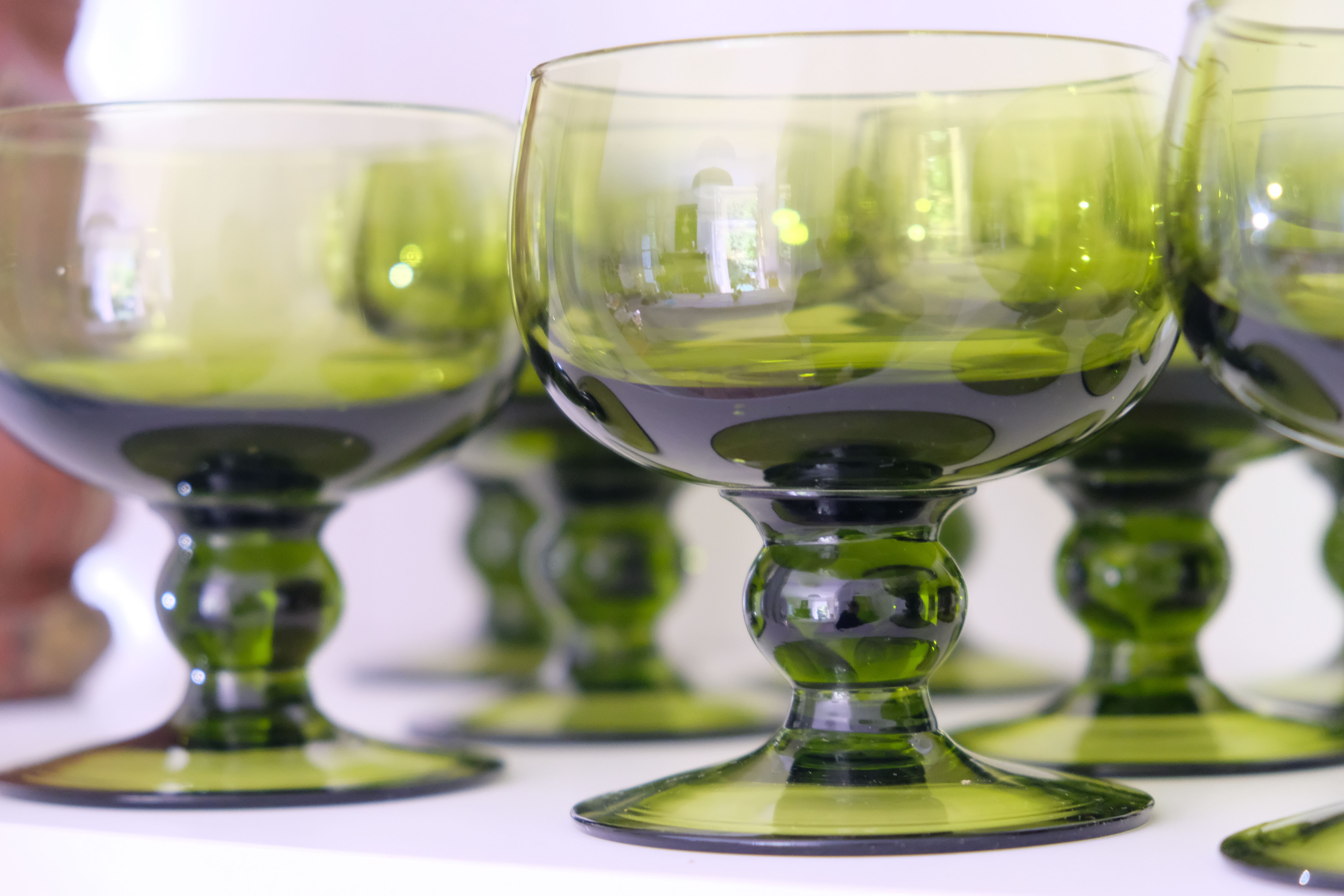 Set of 12 olive green wine glasses, mouth soufflé from the 50s