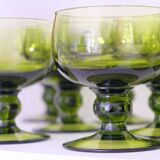 Set of 12 olive green wine glasses, mouth soufflé from the 50s