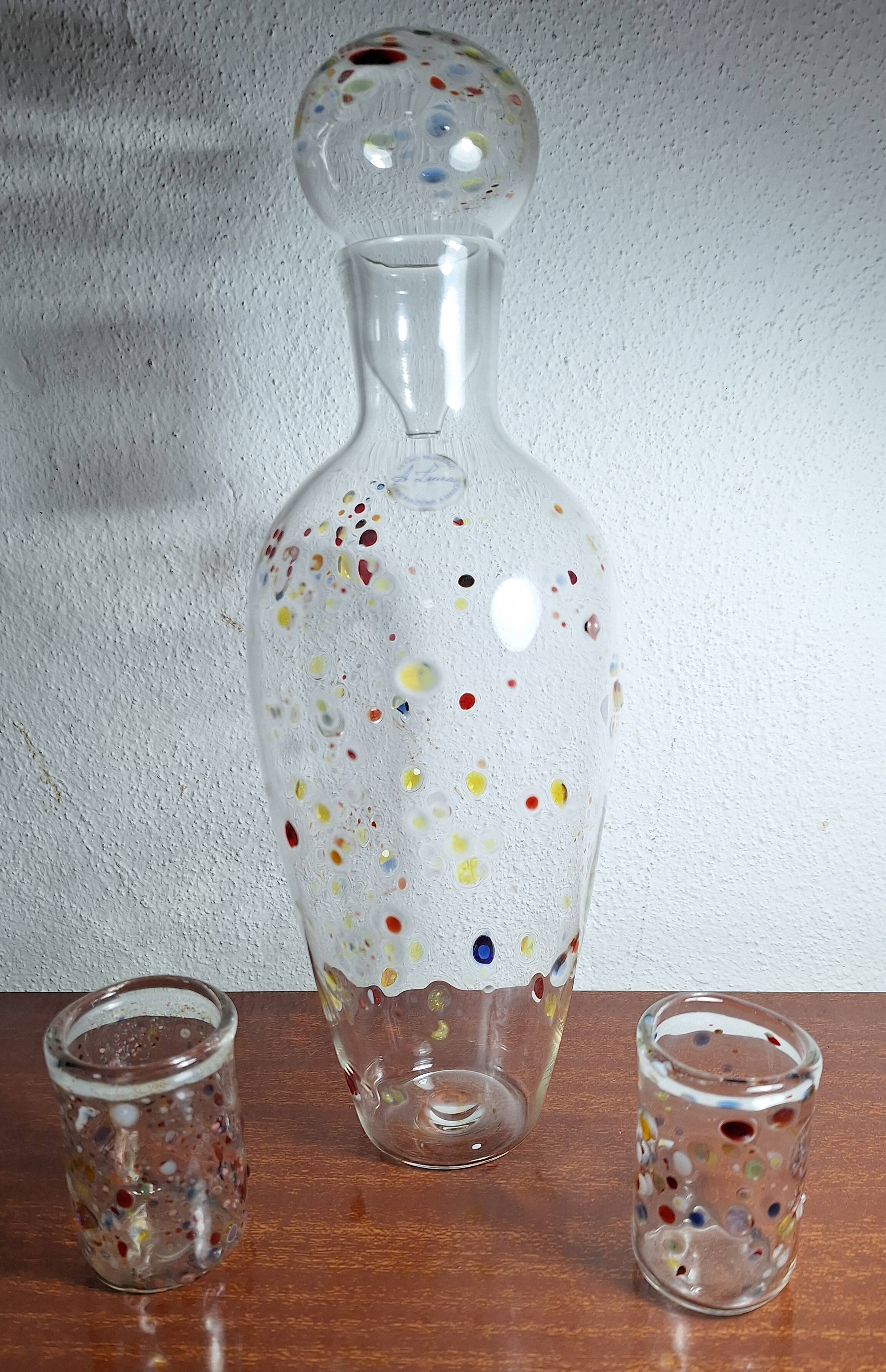 . Murano Glass Decanter with Two Glasses – Handblown Multicolor Millefiori