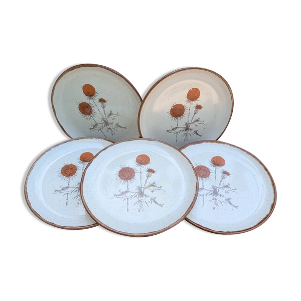 5 assiettes plates ADP décor Chardon, années 70