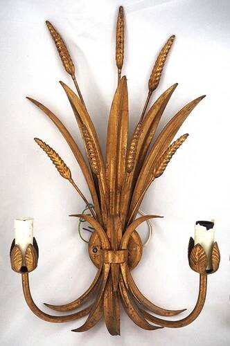 Beautiful pair of wall lights, gold metal, wheat ears, vintage, 48 cm, excellent condition.