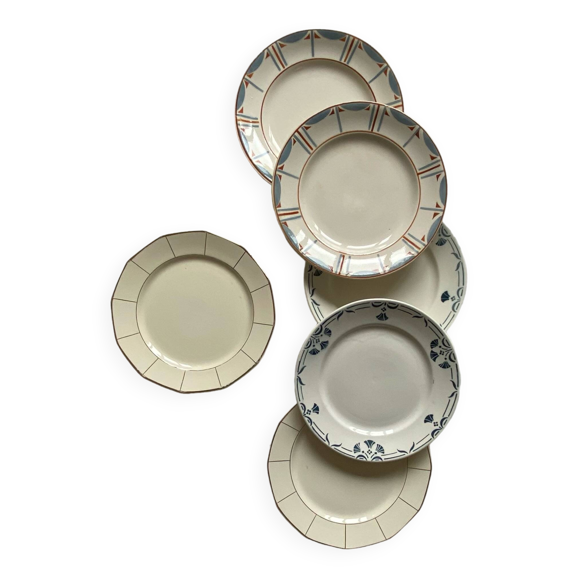 Set of 6 mismatched old earthenware dessert plates Badonviller Longwy