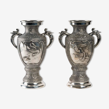 Pair of Silver Metal Vases, Asia