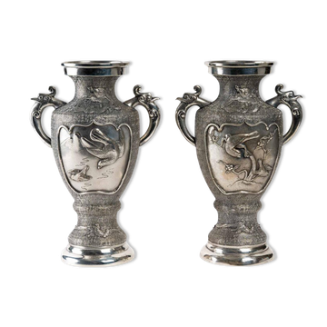 Pair of Silver Metal Vases, Asia