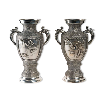 Pair of Silver Metal Vases, Asia