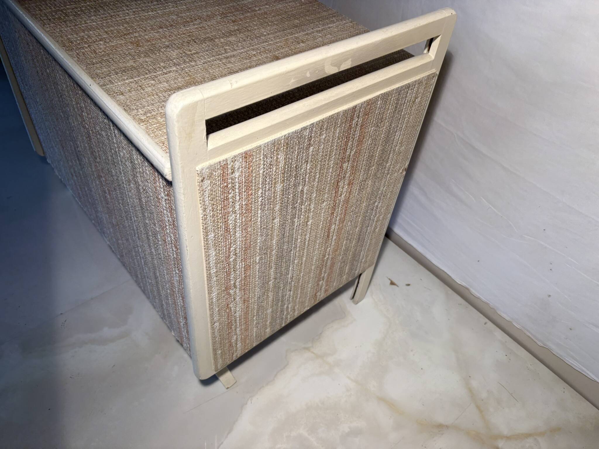 Vintage upholstered chest, white lacquered wooden structure, 1960s-70s