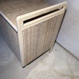 Vintage upholstered chest, white lacquered wooden structure, 1960s-70s