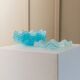 Six-piece turquoise crystal glass bowls, vintage 1980s, ruffled scalloped rims, pressed texture