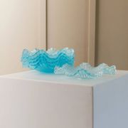 Six-piece turquoise crystal glass bowls, vintage 1980s, ruffled scalloped rims, pressed texture