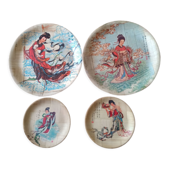 4 assiettes en bambous décor asiatique