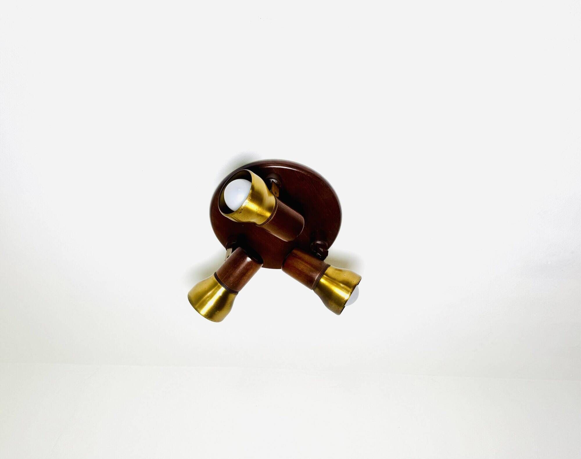 Model 837 Trio-Light Adjustable Ceiling Lamp In Wood And Brass By Temde Leuchten, Switzerland 1960S