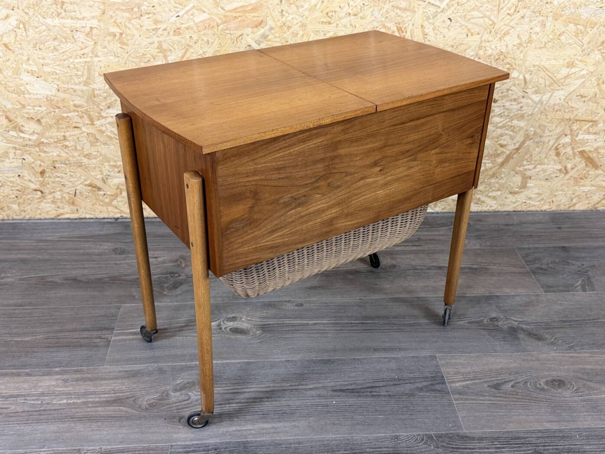 1960s 1970s Teak Sewing Box Sewing Table Utensil Holder with Basket