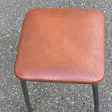 Vintage square stool in steel and brown leather.