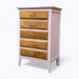 Vintage powder pink compass leg chest of drawers from the 1950s