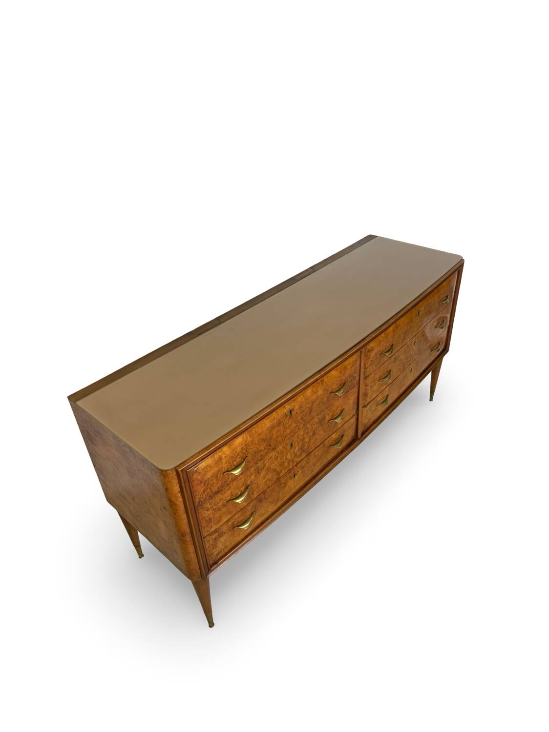 Veneered burl walnut chest of drawers with light warm brown glass top