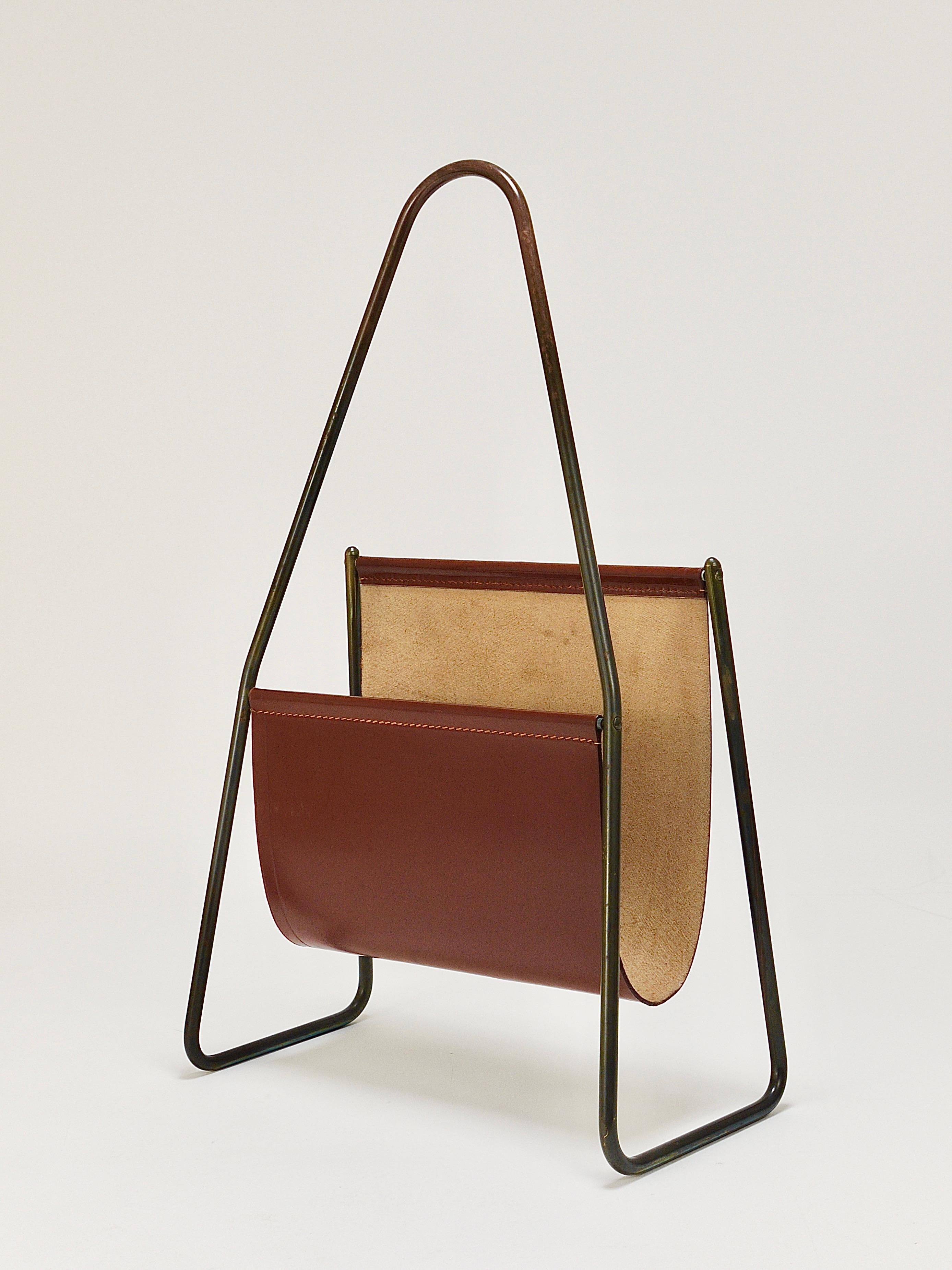Carl Auböck II Magazine rack Midcentury, brass and brown leather, vintage, Austria