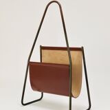 Carl Auböck II Magazine rack Midcentury, brass and brown leather, vintage, Austria