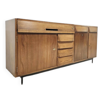 Mid-century hardwood office buffet with bar, drawers, and shelf.