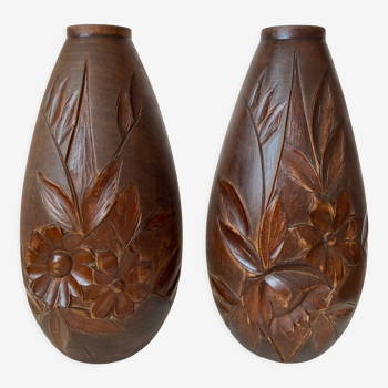 Pair of Art Deco carved wooden vases