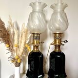Pair of Napoleon III bronze and glass lamps
