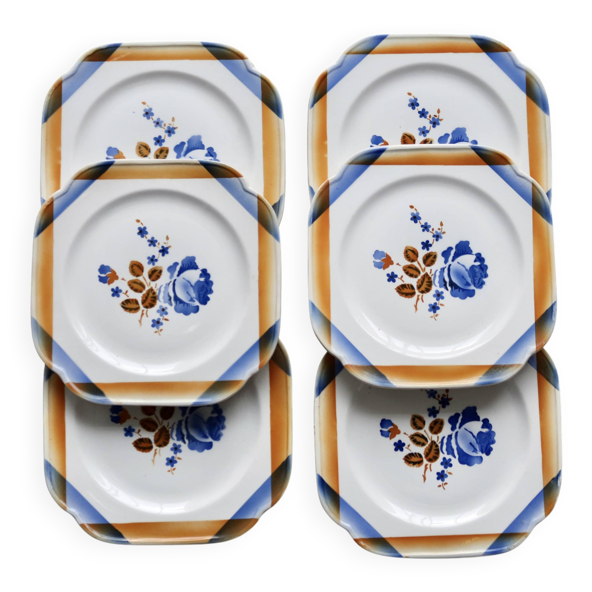 6 assiettes à dessert vintage carrées en faïence Saint Amandinoise