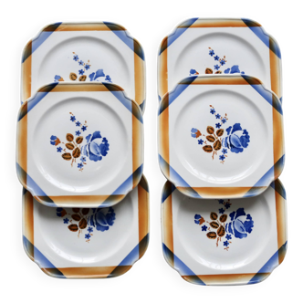 6 assiettes à dessert vintage carrées en faïence Saint Amandinoise