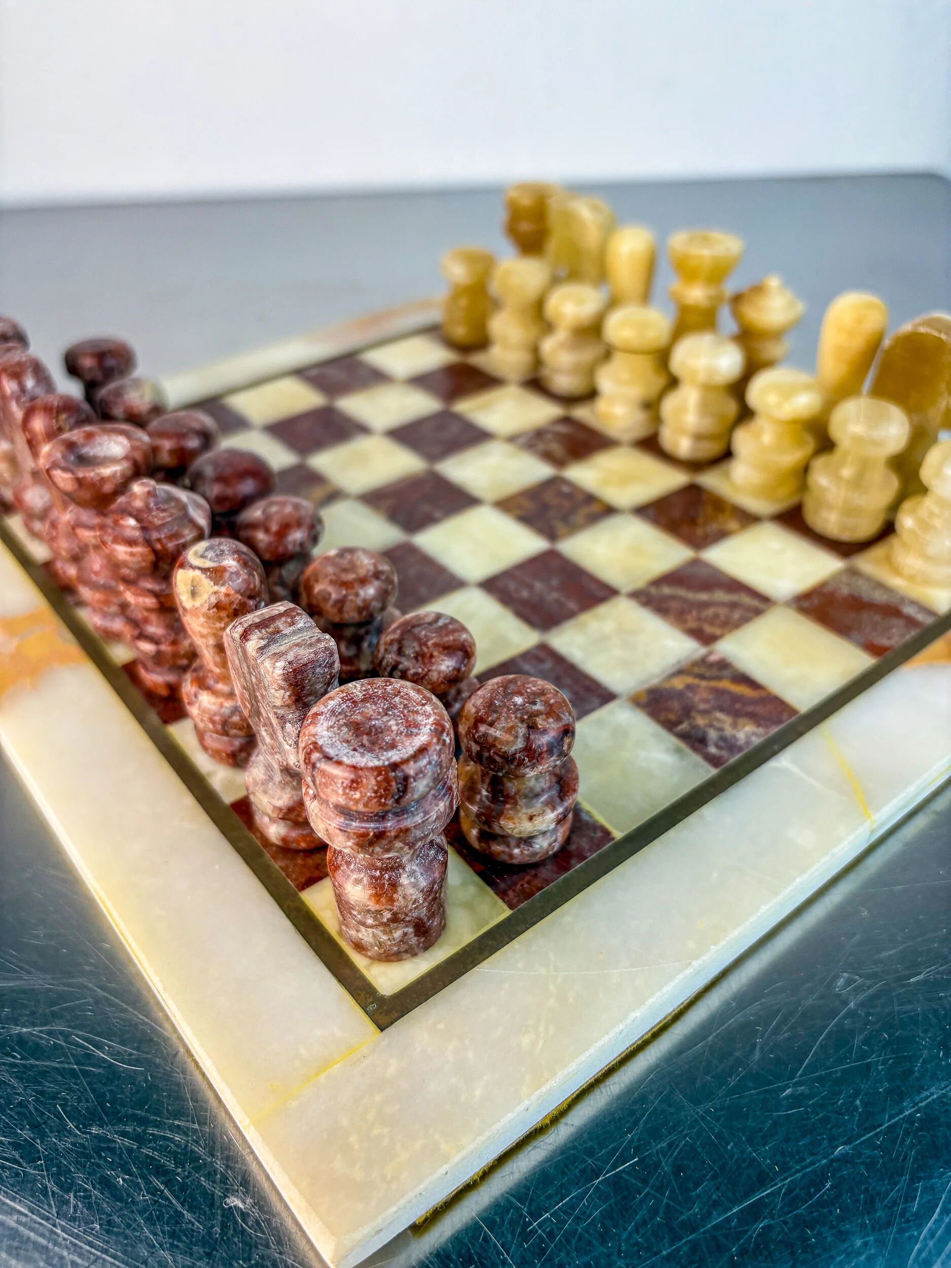 Vintage Italian genuine alabaster chess set with carved pieces, 1970s