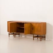 Itaian mid century teak sideboard with black glass top and inlays, 1970s