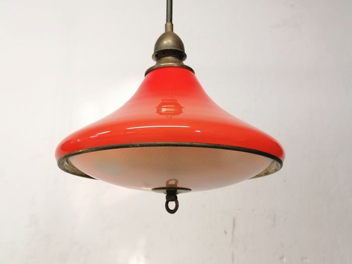 Vintage glass and brass pendant lamp / Italy, 60s
