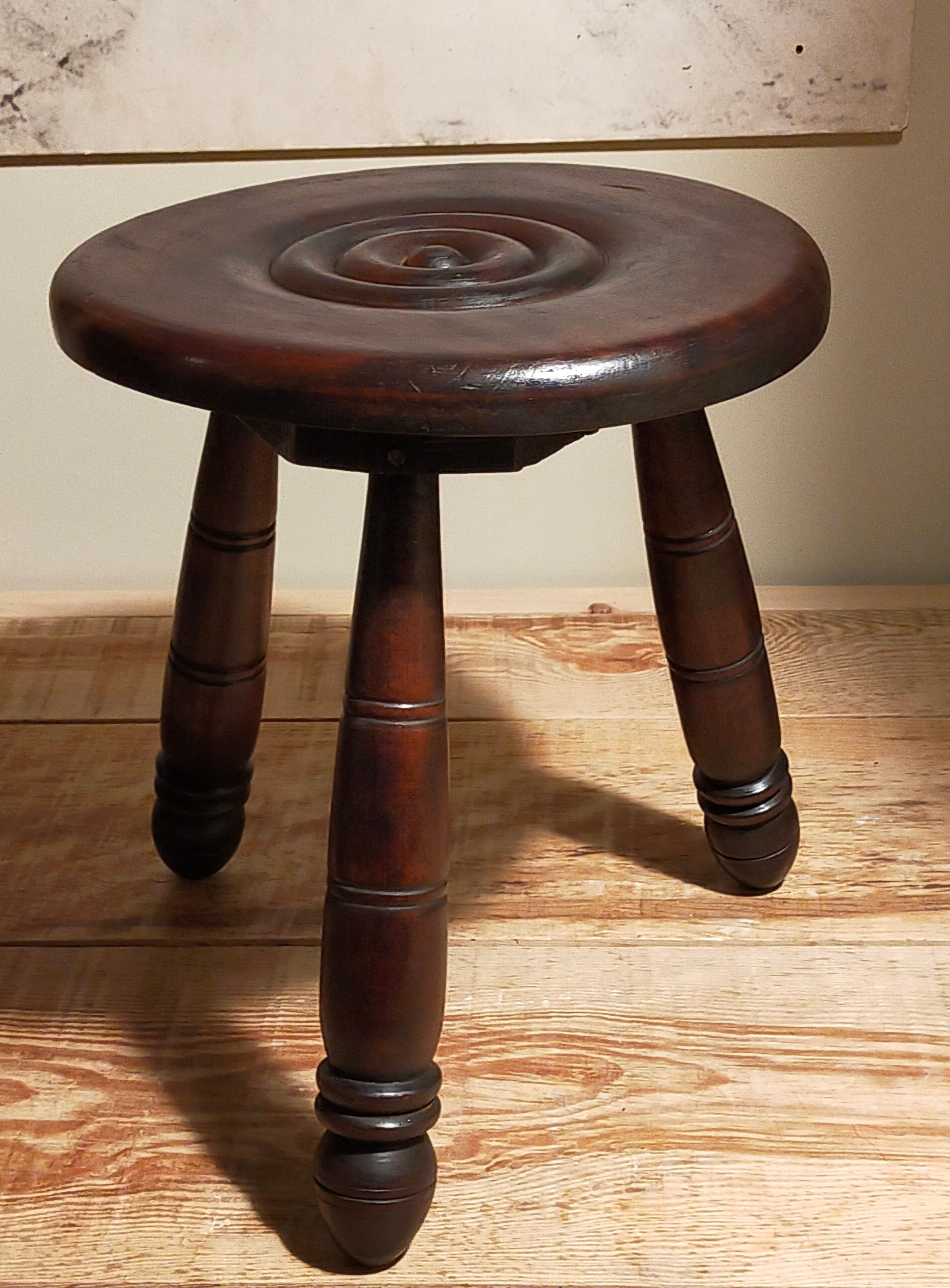 Tripod stool solid wood turned vintage
