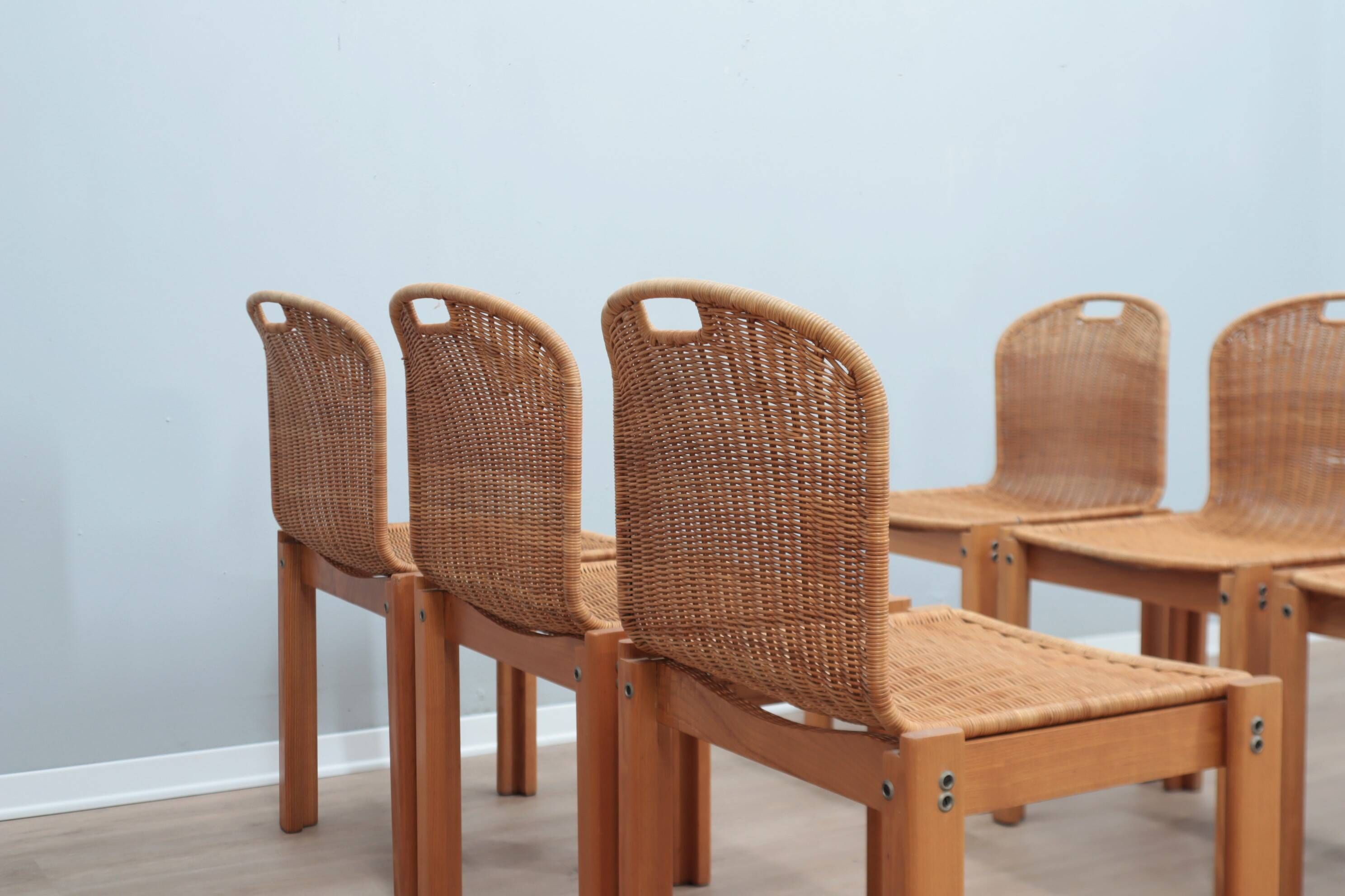 Chaises courbées en osier et bois années 1970, lot de 6
