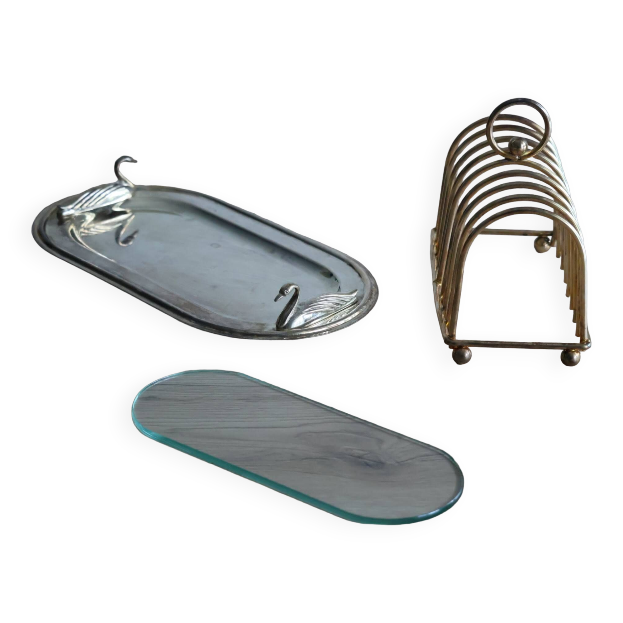 Foie gras presentation service dish in metal and glass and its toast holder
