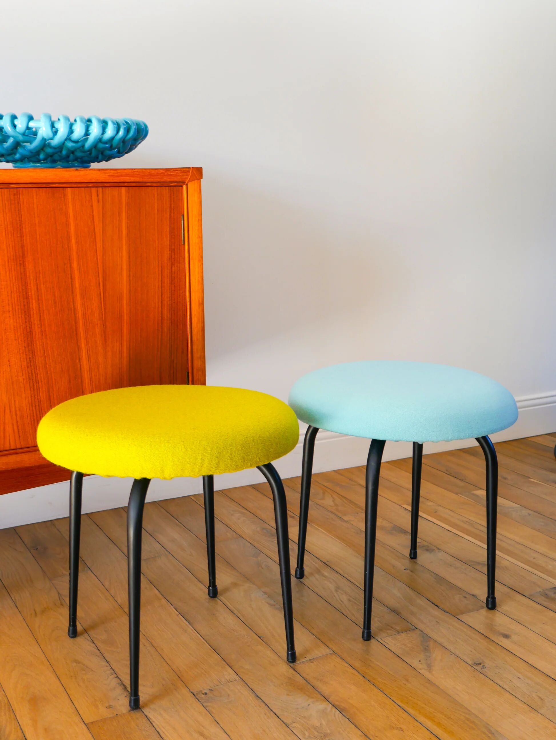 Black iron stool and boiled wool, green, 1960