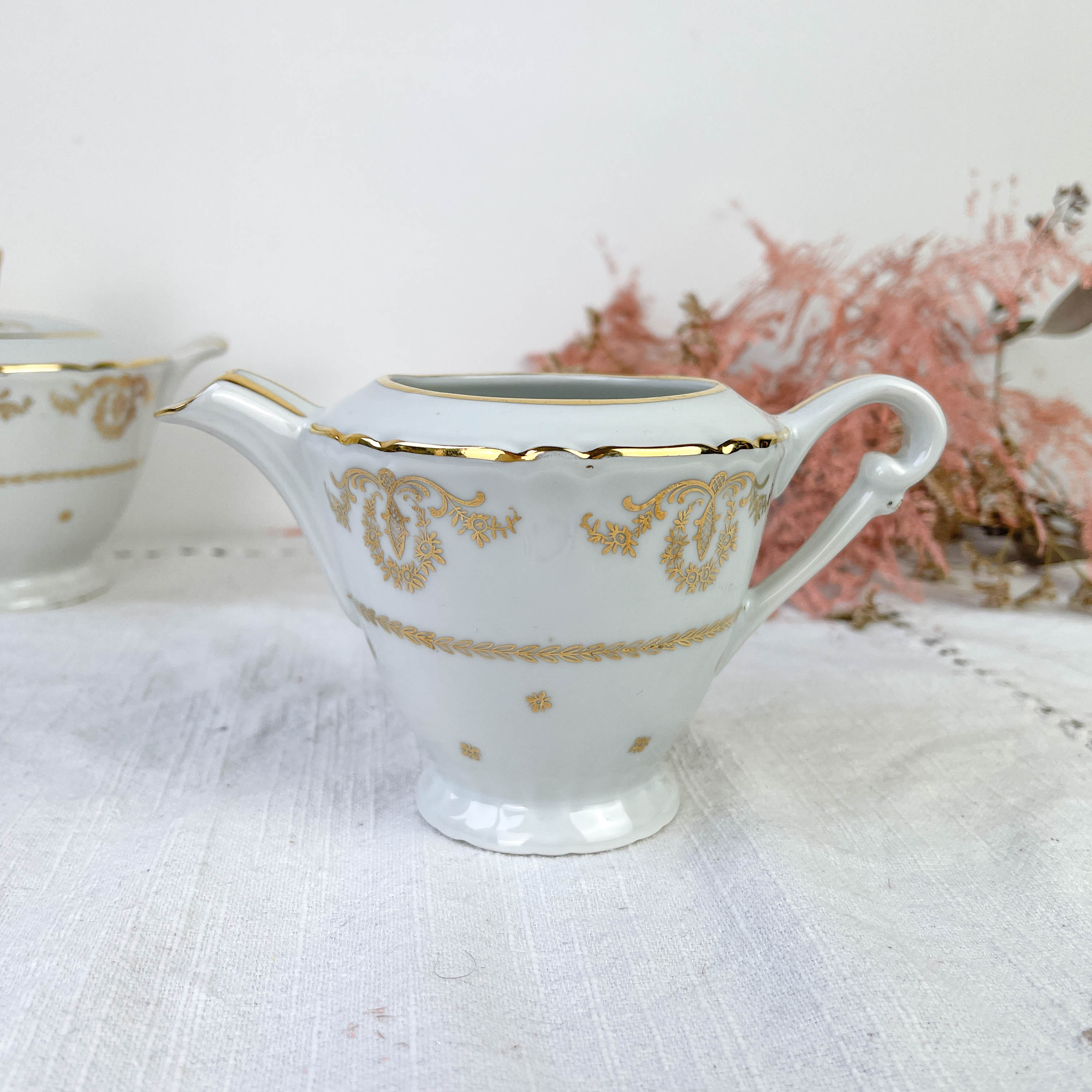 Vintage tea set in golden white porcelain CHAUVIGNY LIMOGES