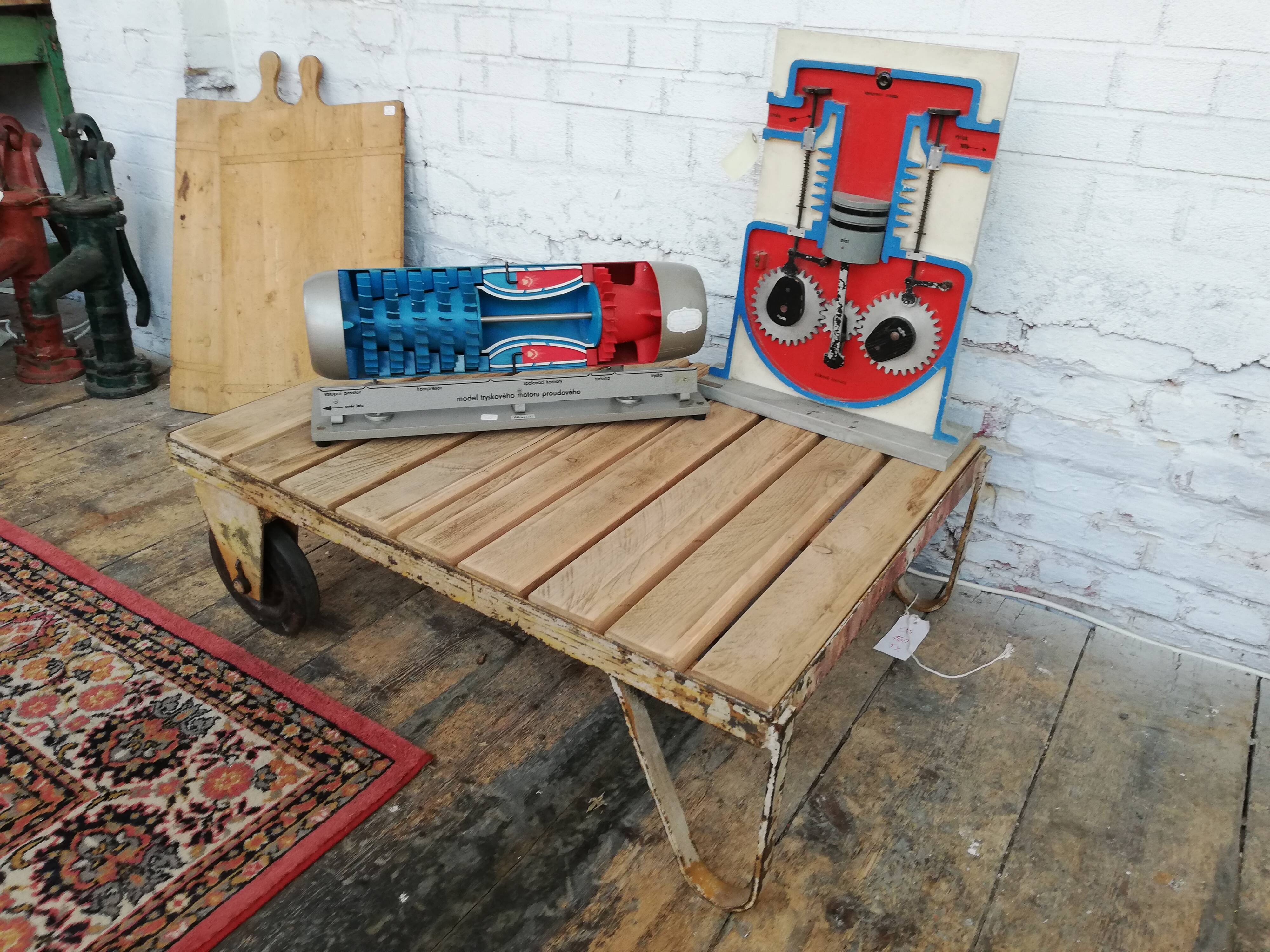 Wooden and metal coffee table, old industrial trolley