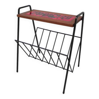 Vintage tile table with newspaper rack, magazine rack