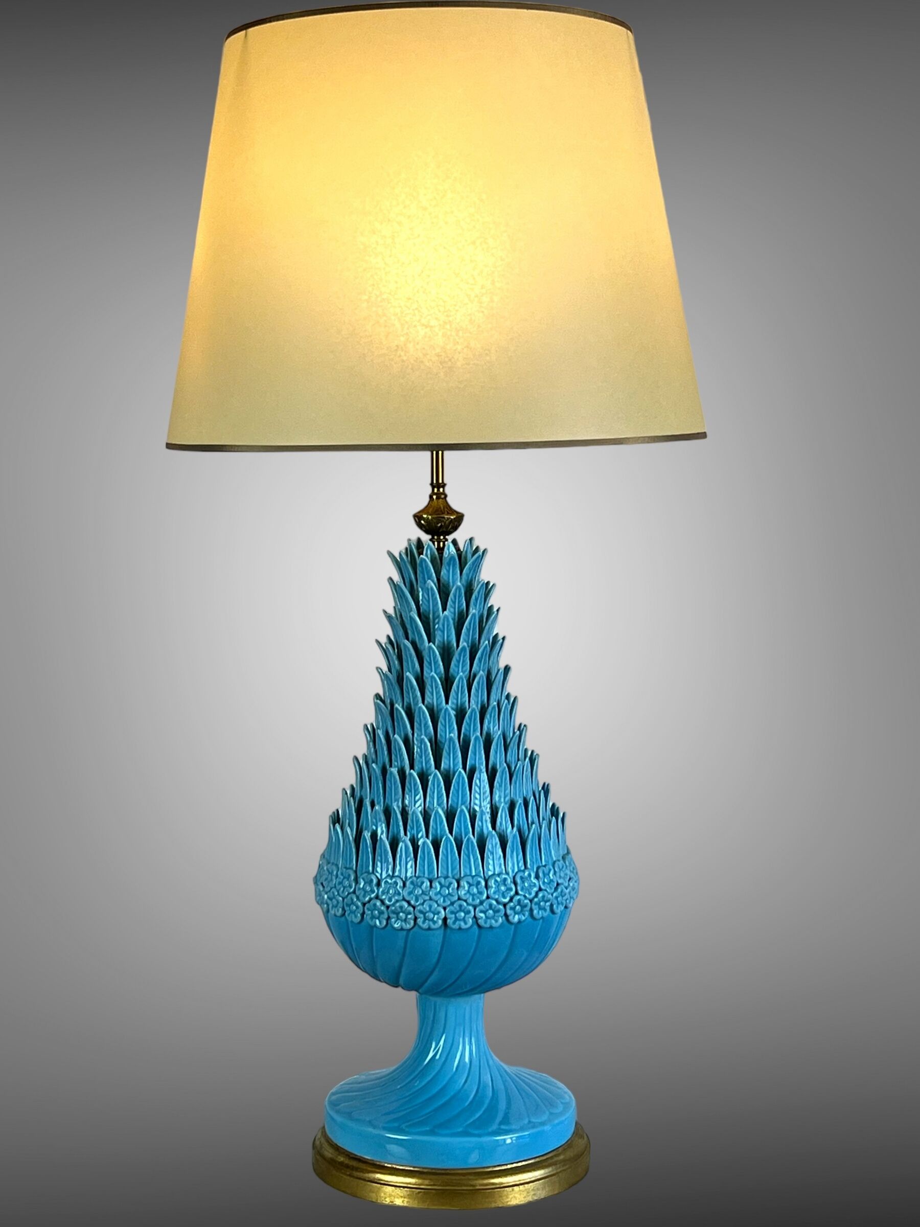 1.05 m pineapple lamp in turquoise ceramic on a gilded wooden base from the 1950s