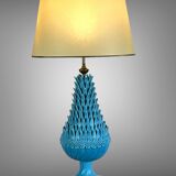 1.05 m pineapple lamp in turquoise ceramic on a gilded wooden base from the 1950s