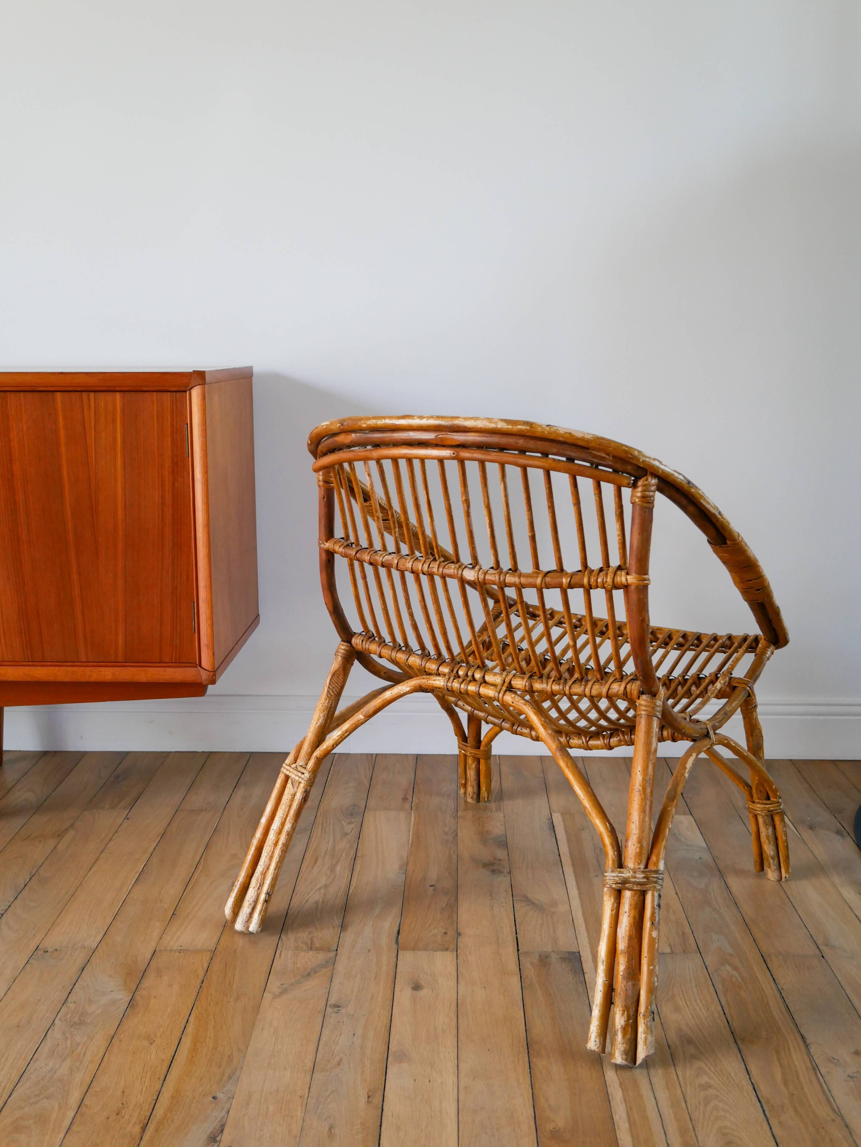 Shell armchair in rattan and bamboo, early 20th century