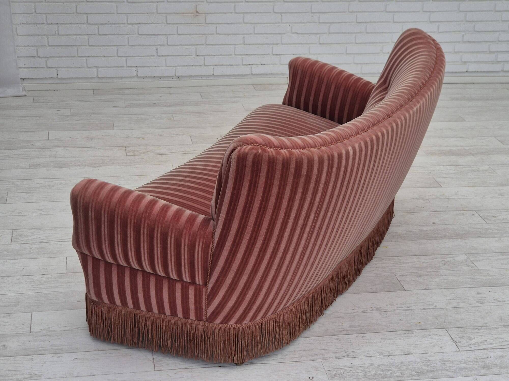 1960s, Danish 3-seater curved sofa, pink-salmon furniture velour, original.
