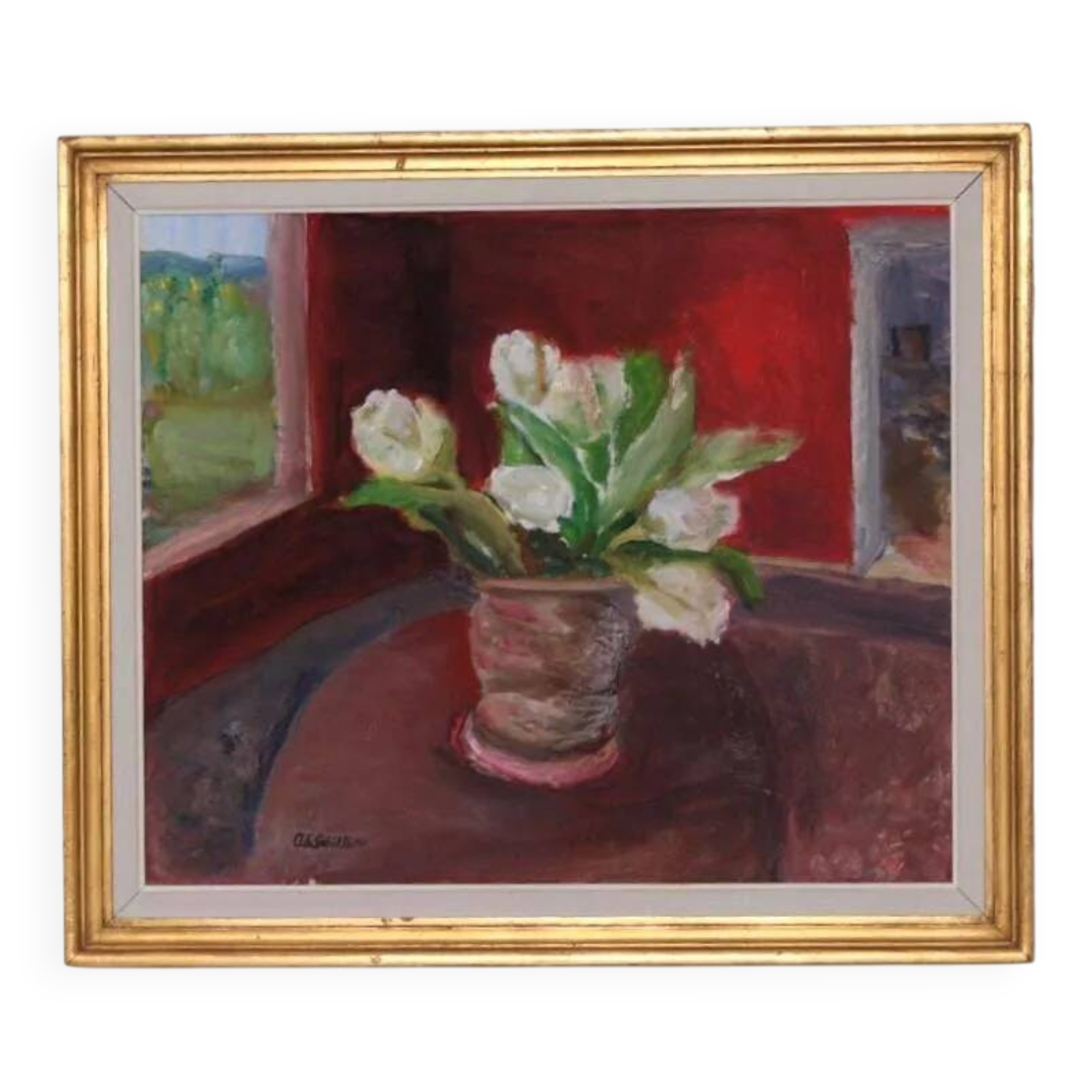 Original Swedish Oil on Canvas – “White Roses” by Aina Schiller, Arvika