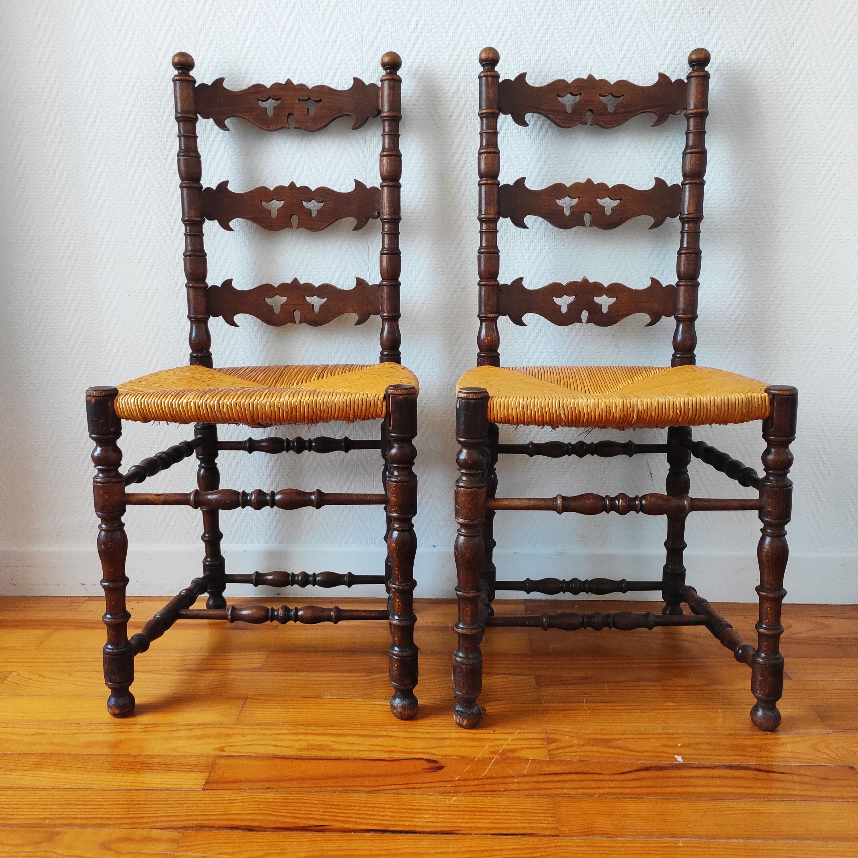 Pair of old turned wood chairs